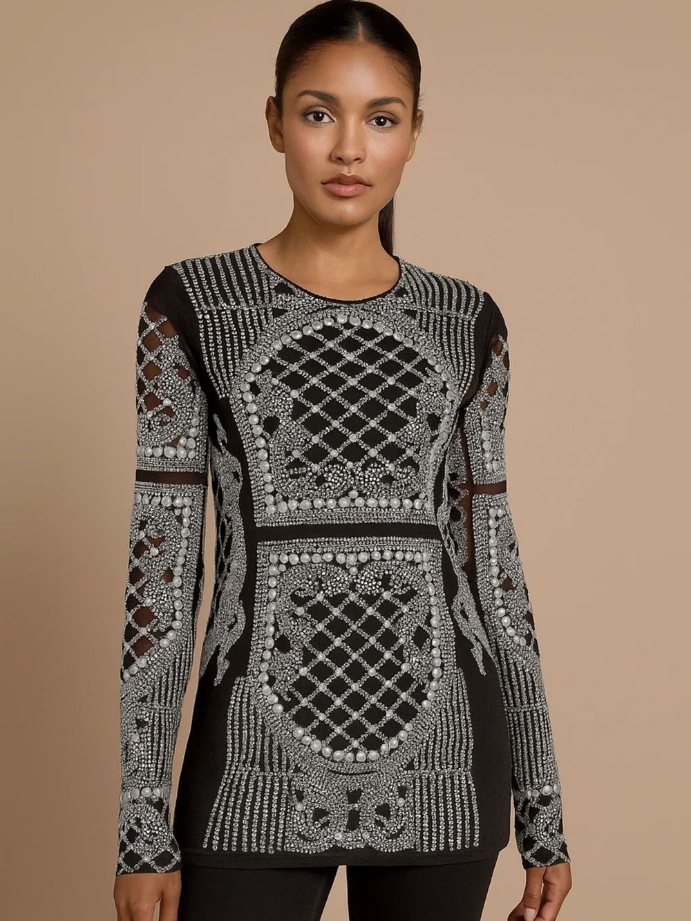 Black Long-Sleeve Embellished Mesh Dress
